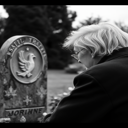 Create a black and white image of an elderly person gazing at a gravestone with a dove emblem, shot in natural light with a shallow depth of field, using a DSLR camera with an aperture of f/2.8, ISO 100, and a focal length of 50mm.