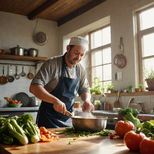 Warmly lit close-up of a chef chopping fresh vegetables in a bustling kitchen, soft natural light streaming through a nearby window, with pots and pans hanging from the ceiling and a sense of energy and movement in the air.