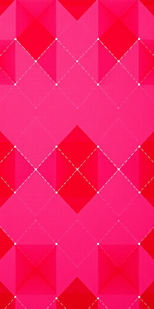 Create a repeating diamond pattern with red and pink colors, include white dashed lines intersecting, shot with a Canon EOS R5 at f/8, ISO 100, 50mm lens, top-down view in high dynamic range style to enhance clarity and vibrancy.