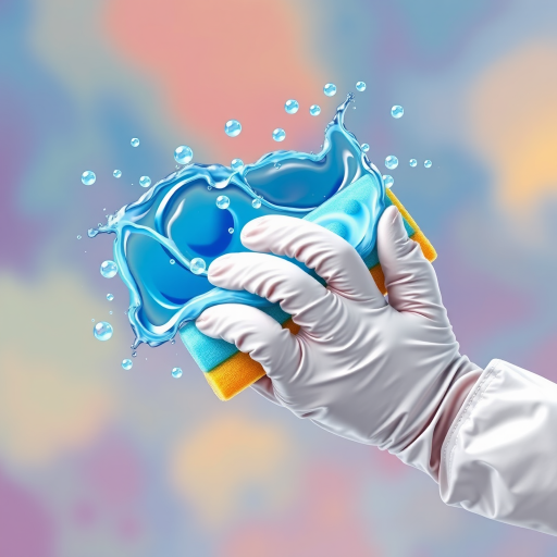 Create a digital illustration of a hand wearing a white glove holding a sponge, splashing blue liquid with bubbles in a vibrant background, shot with a DSLR camera, f/2.8 aperture, 50mm lens, 1/500 shutter speed, in high-resolution.