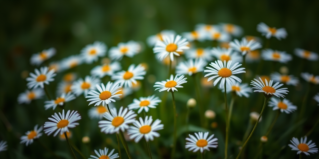 Generate an image of a field of daisies on a dark green background with soft focus, using a DSLR camera with a 50mm lens, aperture set to f/2.8, ISO 100, and natural light.