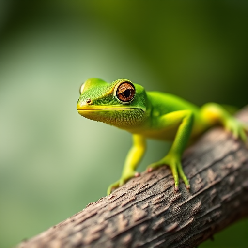Capture a close-up of a vibrant green lizard perched on a textured branch, using a DSLR camera with an aperture of f/2.8, shutter speed of 1/200s, ISO 100, 50mm lens, natural lighting, and a shallow depth of field to enhance the details and colors.