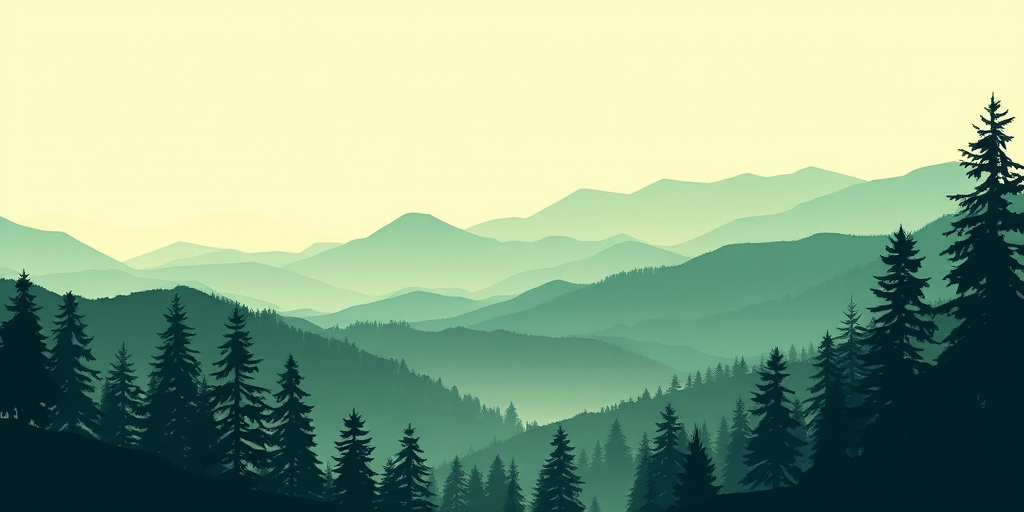 create a serene landscape illustration featuring layered green mountains in the background and various silhouettes of evergreen trees and deciduous trees in the foreground, include a soft pastel color palette with a light yellow sky, use a digital art style and ensure a high-resolution finish with a 16:9 aspect ratio, simulated camera settings: f/8 aperture, ISO 100, shutter speed 1/250s, simulating a DSLR camera view