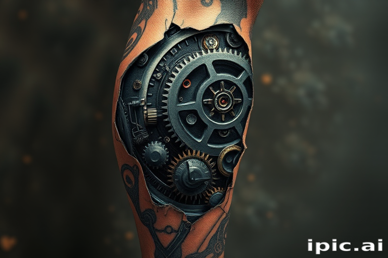 Edgy biomechanical body tattoo covering the entire leg, revealing intricate gears and circuitry beneath torn skin in a fusion of realism and sci-fi aesthetics