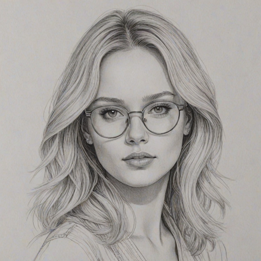 Resplendent Zara Larsson, pencil sketch, portrait of Captivating woman 1971s in glasses, hair style beatnik, outline, clear lines, fine lines, 8k