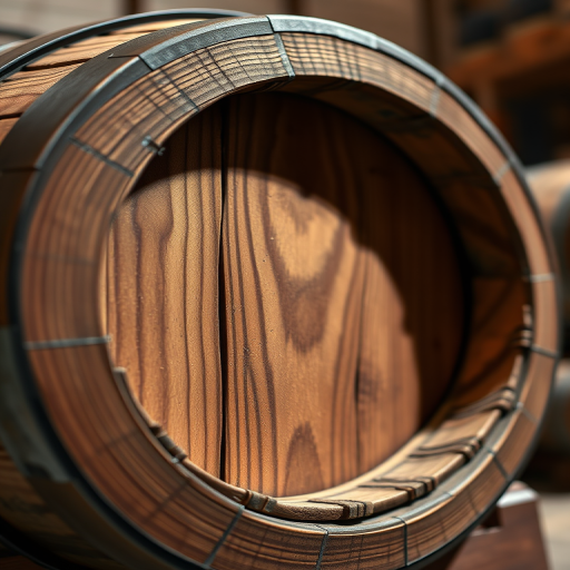 Create a detailed wooden barrel illustration with intricate textures and shadows, shot from a low angle using a DSLR camera, 50mm lens, f/1.8 aperture, ISO 100, and a shallow depth of field to enhance clarity and focus on the barrel's grain.