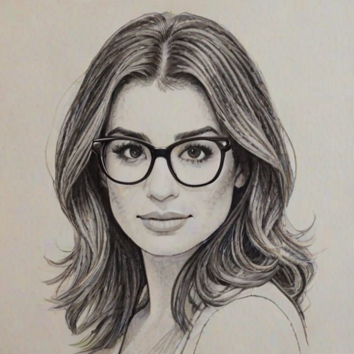 Attractive Lea Michele, pencil sketch, portrait of Fetching woman 1977s in glasses, hair style beatnik, outline, clear lines, fine lines, 8k