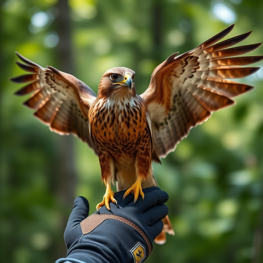 A close-up of a hawk with wings spread, perched on a gloved hand, blurred forest background, natural light, 50mm lens, f/2.8 aperture, ISO 200, shooting at 1/500 sec, DSLR camera, shallow depth of field.