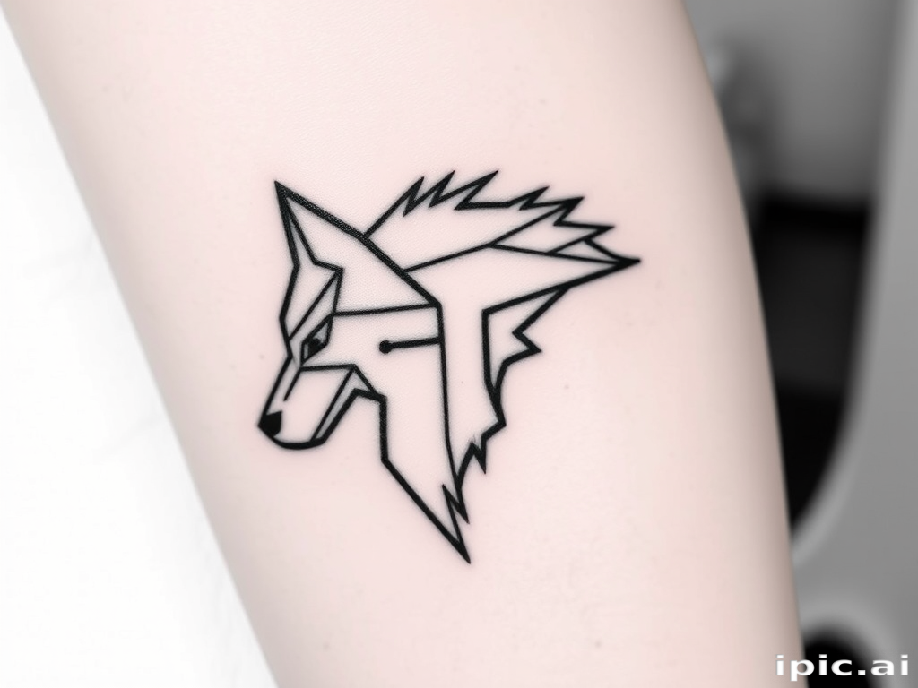 Minimalist blackwork tattoo showcasing geometric shapes forming a sleek wolf silhouette, bold lines and dotwork shading, stark contrast against skin, precise symmetry and balance