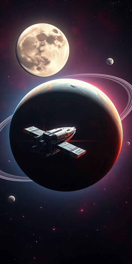 Generate an image of a spacecraft in orbit around a colorful alien planet with a moon in the background, captured with a full-frame DSLR camera, 24mm focal length, f/8 aperture, ISO 100, and a panoramic view for enhanced depth and clarity.