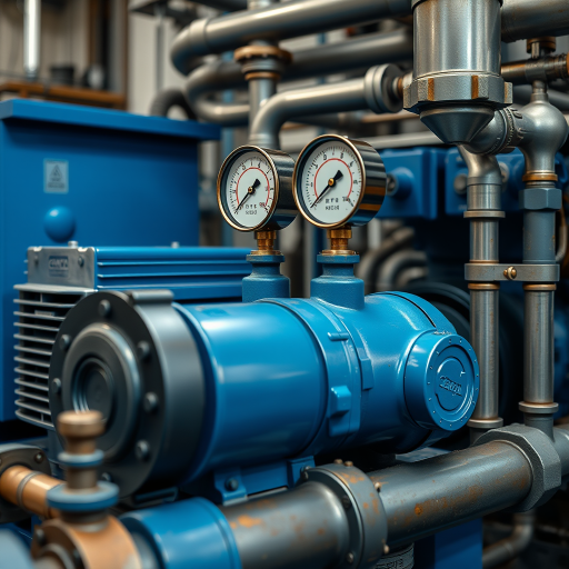 high-quality industrial setup featuring a blue motor and pressure gauges, with detailed piping, shot using a Canon EOS R5 at f/8, ISO 100, 24mm lens, soft lighting for enhanced clarity and detail