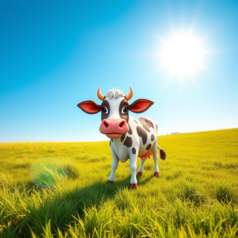 Generate a vibrant illustration of a cartoon cow standing in a green pasture under a clear blue sky, with the sun shining brightly, using a DSLR camera at f/8 aperture, 1/200s shutter speed, ISO 100, with a 50mm lens in portrait mode for enhanced detail and color saturation.