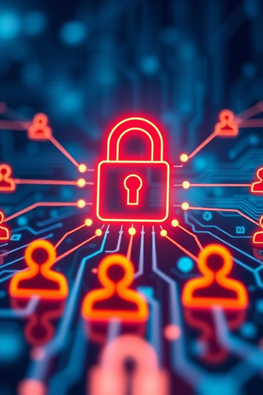 Create an image of a digital network security theme featuring a central lock icon connected to user icons with digital circuit patterns in the background, using a DSLR camera with a 50mm lens, aperture set to f/1.8, ISO 100, and a shallow depth of field to enhance the focus on the central elements.