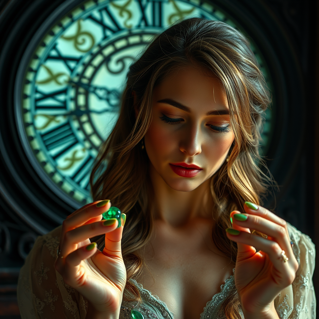 Regenerate an image of a woman examining emeralds with a mystical clock in the background, soft natural light, ISO 200, f/2.8, 50mm lens, portrait view, cinematic style, high-resolution digital camera.