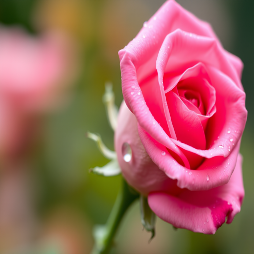 Close-up of a pink rose with dew drops, soft focus background, 50mm lens, f/2.8 aperture, ISO 100, natural light, DSLR camera.