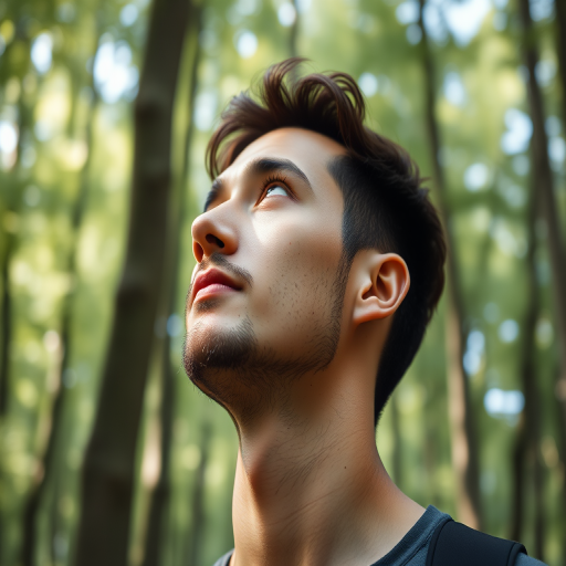 portrait of a man looking upwards in a lush green forest with soft blurry background, natural light, 50mm lens, f/1.8 aperture, ISO 100, shot at eye level with a DSLR camera