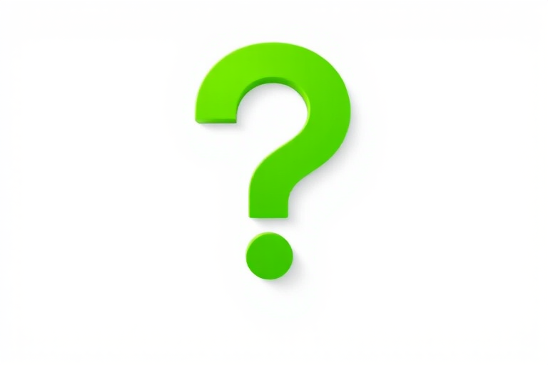Create an image of a large, vibrant green question mark on a solid white background, captured with a DSLR camera at f/2.8 aperture, ISO 100, 50mm lens, using a shallow depth of field to emphasize the question mark.