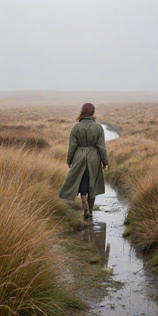 Foggy moorland, tall grasses swaying in the wind, with a woman in a long coat walking across the landscape, her boots crunching in the wet ground.