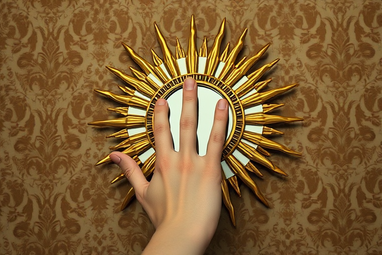 Create an image of a hand reaching towards a stylized sun mirror with intricate spikes, set against a vintage damask background, captured with a 50mm lens at f/1.8, ISO 100, and a soft focus, using a DSLR camera.