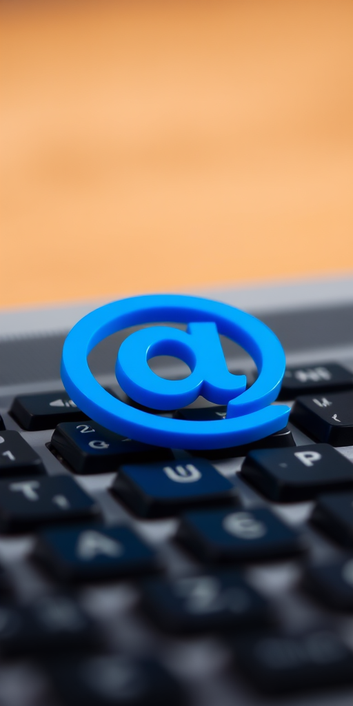 create a high-resolution image of a close-up view of a computer keyboard with a prominent blue 3D at symbol in the center, a hand cursor hovering above it, captured with a DSLR camera at f/2.8 aperture, ISO 100, and a 50mm lens, using a soft focus background effect to enhance visual quality.