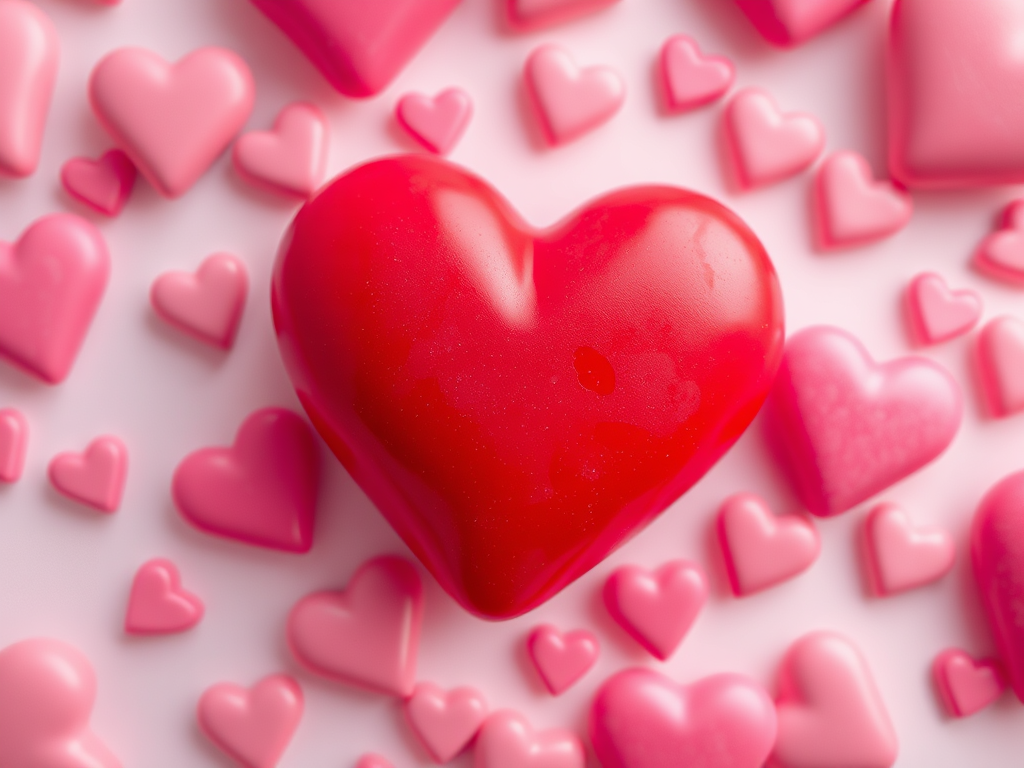 Create an image of various hearts in different shades of pink, with a large central red heart surrounded by smaller hearts of varying sizes and opacity, captured with a DSLR camera at f/2.8 aperture, 50mm lens, shot from a top-down view, using a soft focus style to create a dreamy effect.