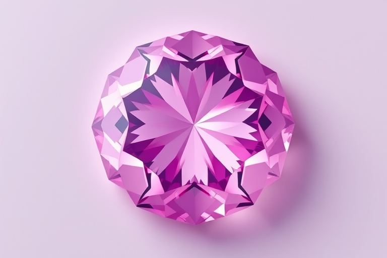 Create a high-resolution digital illustration of a multifaceted diamond in shades of pink and purple, using a Canon EOS 5D Mark IV, f/8 aperture, ISO 100, shot from a top-down view with soft lighting to enhance color depth and clarity.