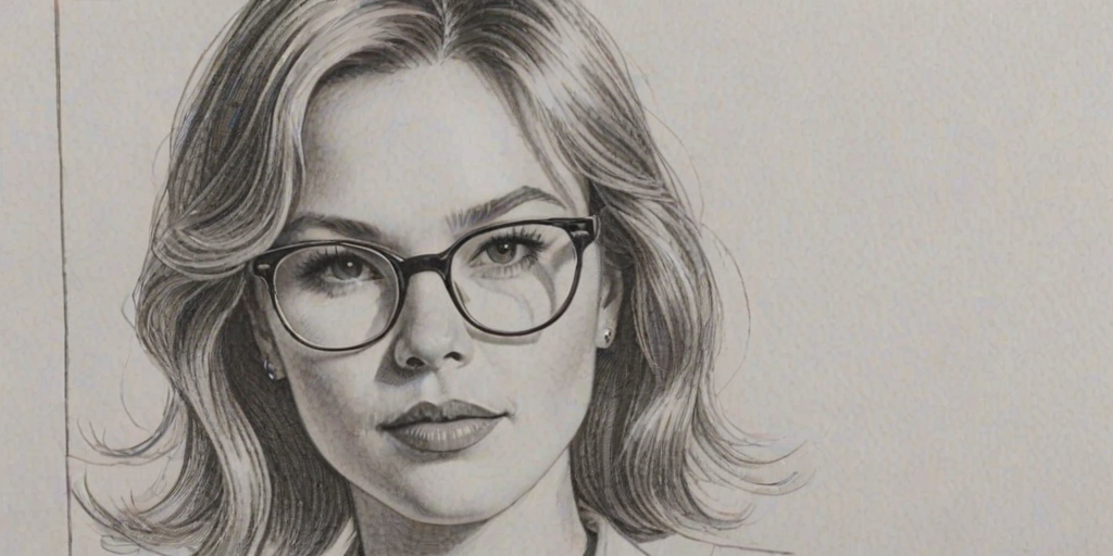 Radiant Ren'e Zellweger, pencil sketch, portrait of Ravishing woman 1967s in glasses, hair style beatnik, outline, clear lines, fine lines, 8k