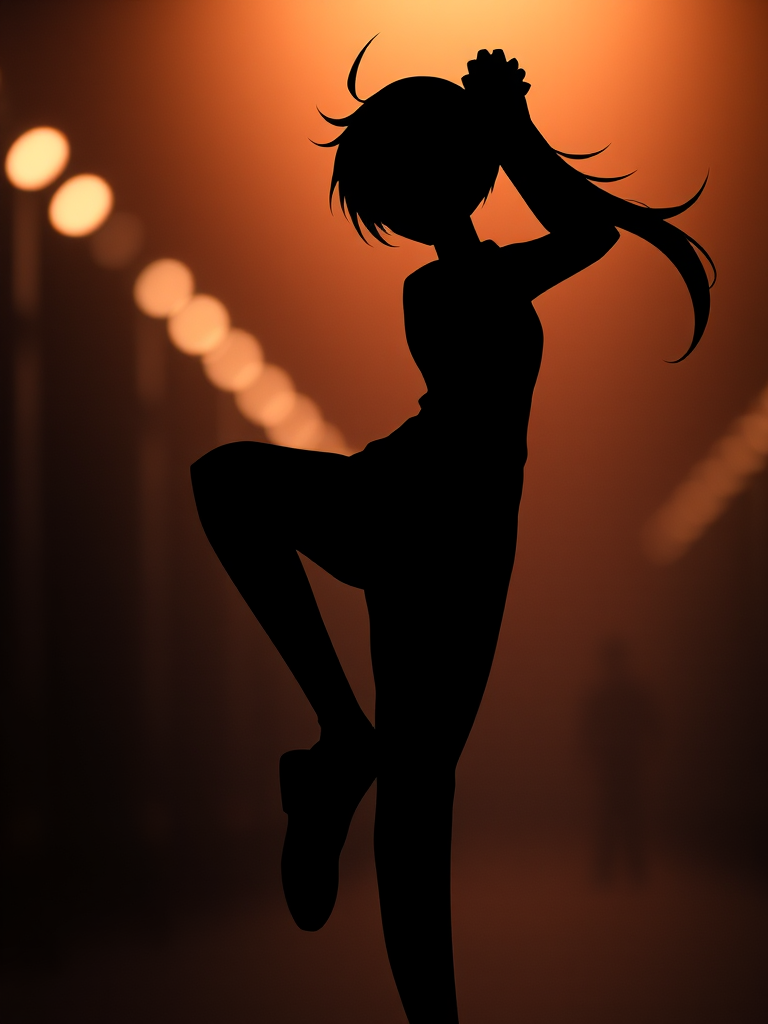 Create a high-resolution image of a sleek black silhouette of an anime character in a dynamic pose, captured with a Canon EOS R5, 50mm lens, f/1.8 aperture, 1/200s shutter speed, ISO 100, with a soft bokeh background and dramatic lighting.