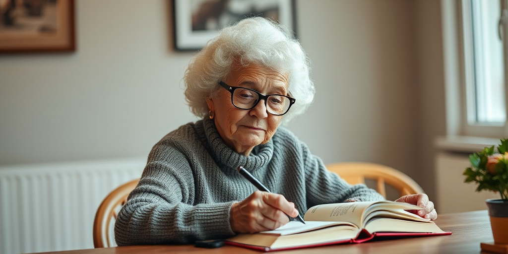 Generate an image of an elderly woman with curly white hair, sitting at a table writing in a book, wearing a cozy sweater and glasses, with a soft-focus background to emphasize her expression, using a DSLR camera, aperture f/2.8, ISO 400, with a 50mm lens, natural lighting for a warm atmosphere.