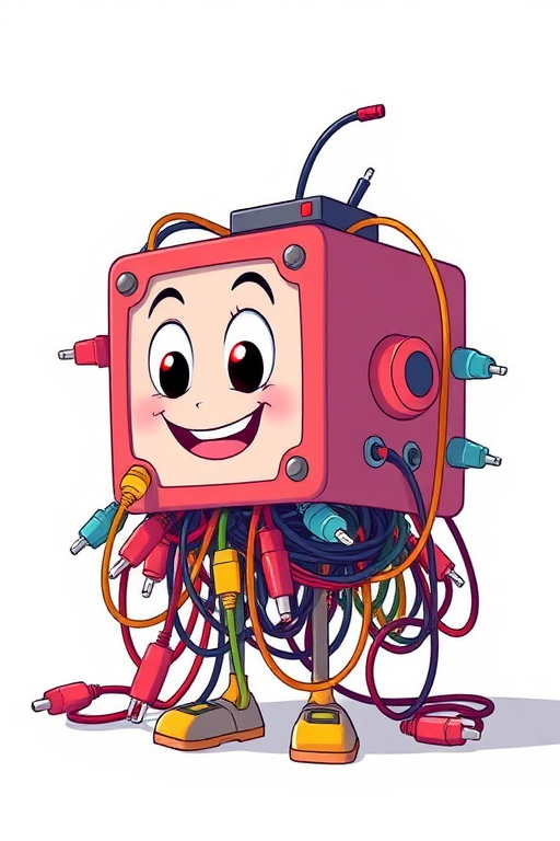 Create a whimsical illustration of a cartoon character shaped like a cube, with a friendly expression and numerous colorful cables and plugs tangled around its body, shot with a Canon EOS 5D Mark IV, 50mm lens, f/2.8, ISO 100, natural sunlight for balanced exposure and vibrant colors.