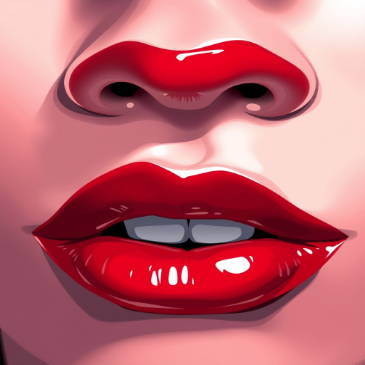 Generate a high-resolution illustration of stylized red lips with glossy highlights, using a close-up view, soft focus, digital painting style, and a mirrorless camera setting of f/2.8, ISO 100, 50mm lens.