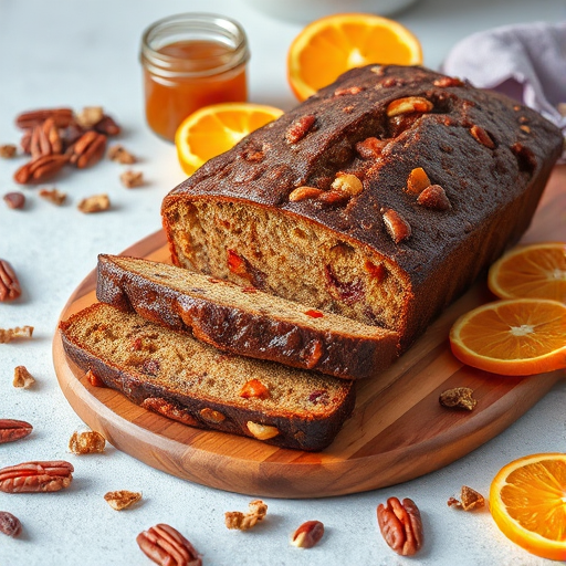 A beautifully styled image of a loaf cake with a rich, dark texture featuring nuts and dried fruits sliced on a wooden board surrounded by orange slices and dried apple chips with a small jar of fruit jam in the background and scattered pecans on a light gray surface.