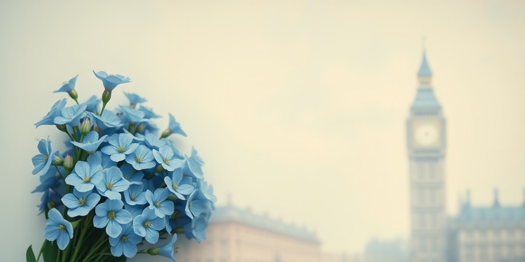 create a vintage-style background with soft blue hues featuring a faint outline of Big Ben and a bouquet of blue flowers, use a DSLR camera with a 50mm lens, aperture set to f/2.8, ISO 100, shot from a top-down perspective, using natural light for a soft and dreamy effect