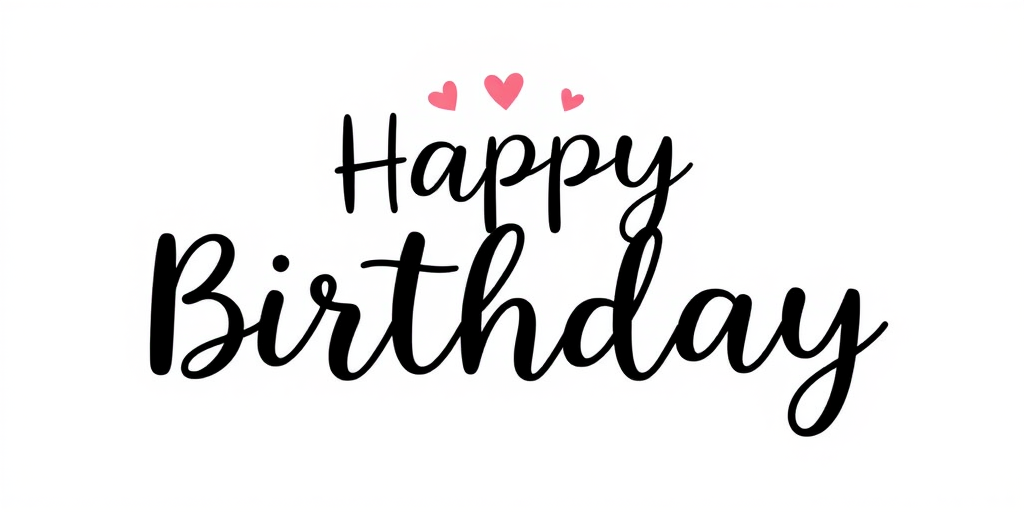 Create a simple and elegant design featuring the phrase Happy Birthday in a playful, handwritten font with small hearts above the word Happy and a light, whimsical touch. Use a clean white background for a fresh and modern look.