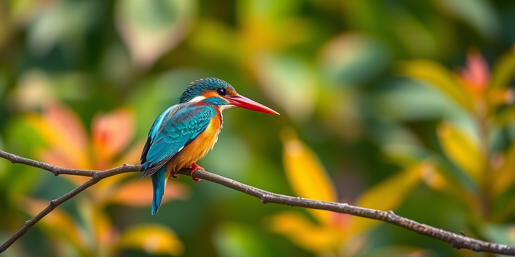 colorful kingfisher perched on a branch with vibrant foliage background, f/4, ISO 200, 1/500s, 85mm lens, shallow depth of field, natural light photography, DSLR