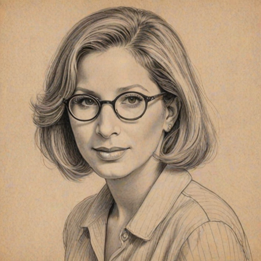 Fetching Barbra Streisand, pencil sketch, portrait of Comely woman 1938s in glasses, hair style beatnik, outline, clear lines, fine lines, 8k