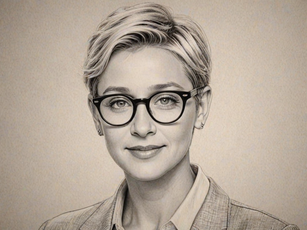 Stunning Ellen DeGeneres, pencil sketch, portrait of Ravishing woman 1930s in glasses, hair style beatnik, outline, clear lines, fine lines, 8k