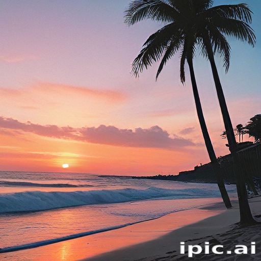 Tranquil Beach Sunset with Palm Trees Silhouetted Against the Colorful Sky