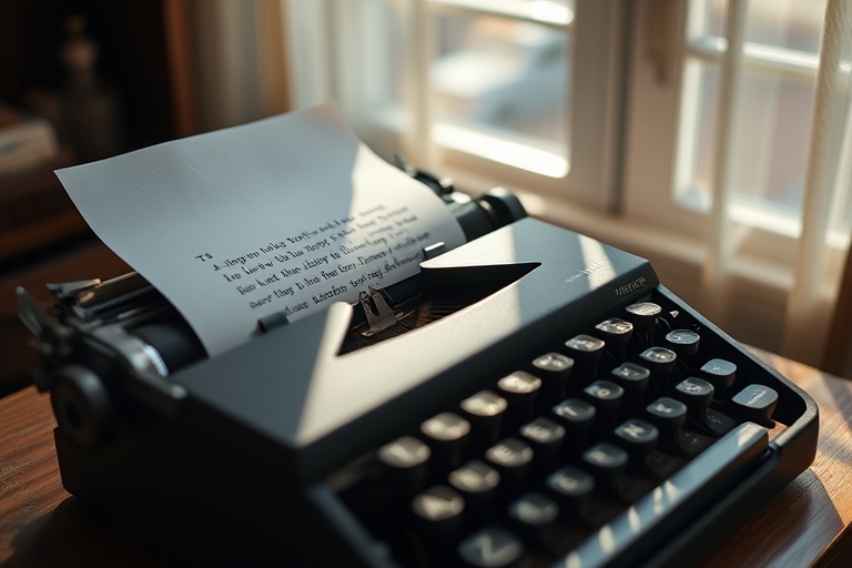 Sharp, detailed image of a vintage typewriter on a wooden desk, soft sunlight streaming through a nearby window, a half-written page of text in the machine, the smell of old paper and ink filling the air, a sense of nostalgia and creativity captured.