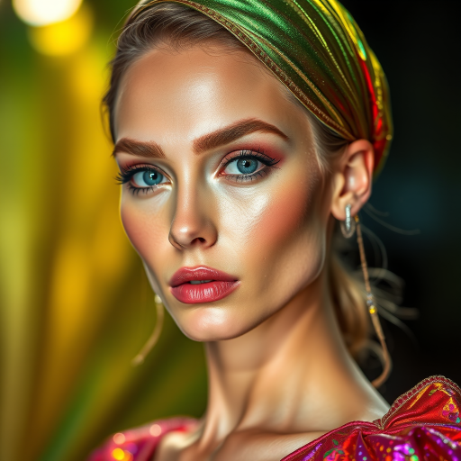 Runway capture, a beautiful model, vibrant colors, metallic textures, high fashion editorial , a 100mm macro lens to get extreme close-ups of intricate details like fabric stitching, accessories, or makeup artistry