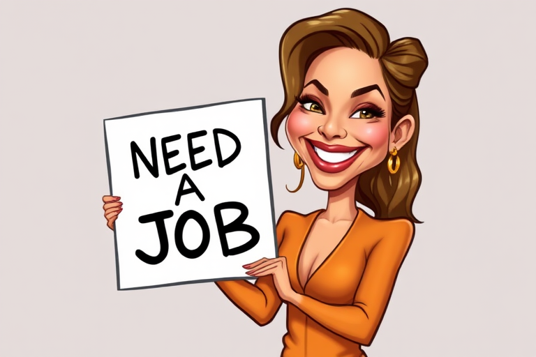 caricature of a smiling Jennifer Lopez in a Ochre dress or suit, holding up a sign that says "NEED A JOB", no watermark,
