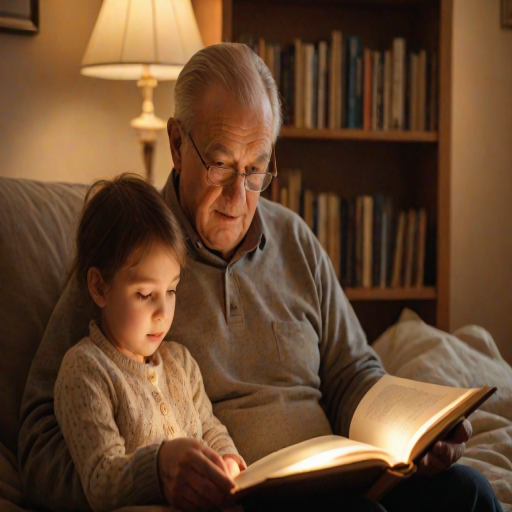 Warmly lit photo of a grandfather reading a bedtime story to his grandchild, soft golden light from a lamp casting a cozy glow, with a bookshelf softly blurred in the background.