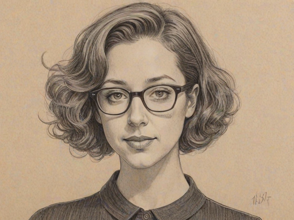 Captivating Kristen Schaal, pencil sketch, portrait of Bewitching woman 1969s in glasses, hair style beatnik, outline, clear lines, fine lines, 8k
