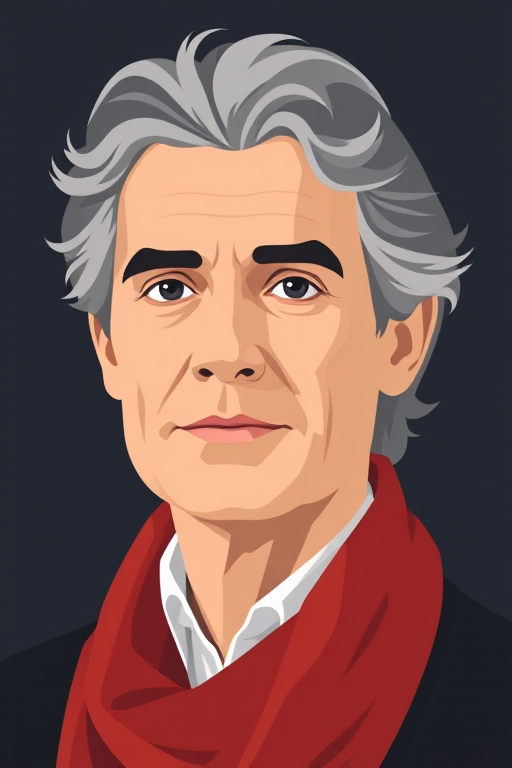 Create a vector-style portrait of a man with wavy gray hair, wearing a white collar and a red scarf, set against a dark background, using a digital camera with a focal length of 50mm, aperture of f/2.8, and ISO 100, in a flat design style.