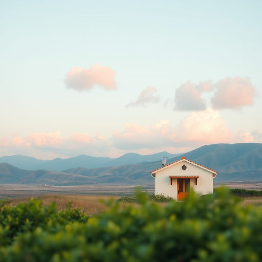 A pastel-colored landscape with soft pink clouds, a simple house with decorative details, gentle hills in the background, vibrant greenery in the foreground, captured with a Canon EOS R5, 50mm lens, f/2.8, ISO 100, natural light, shallow depth of field.