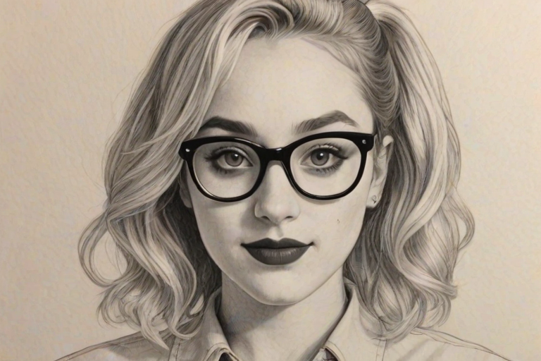 Wonderful Harley Quinn Smith, pencil sketch, portrait of Gorgeous woman 1973s in glasses, hair style beatnik, outline, clear lines, fine lines, 8k