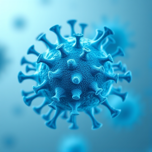 Generate a highly detailed 3D rendering of a virus structure in vibrant blue tones, with a focus on sharp textures and intricate details, shot with a 50mm lens, f/1.8 aperture, ISO 100, in a studio setting with soft, diffused lighting.