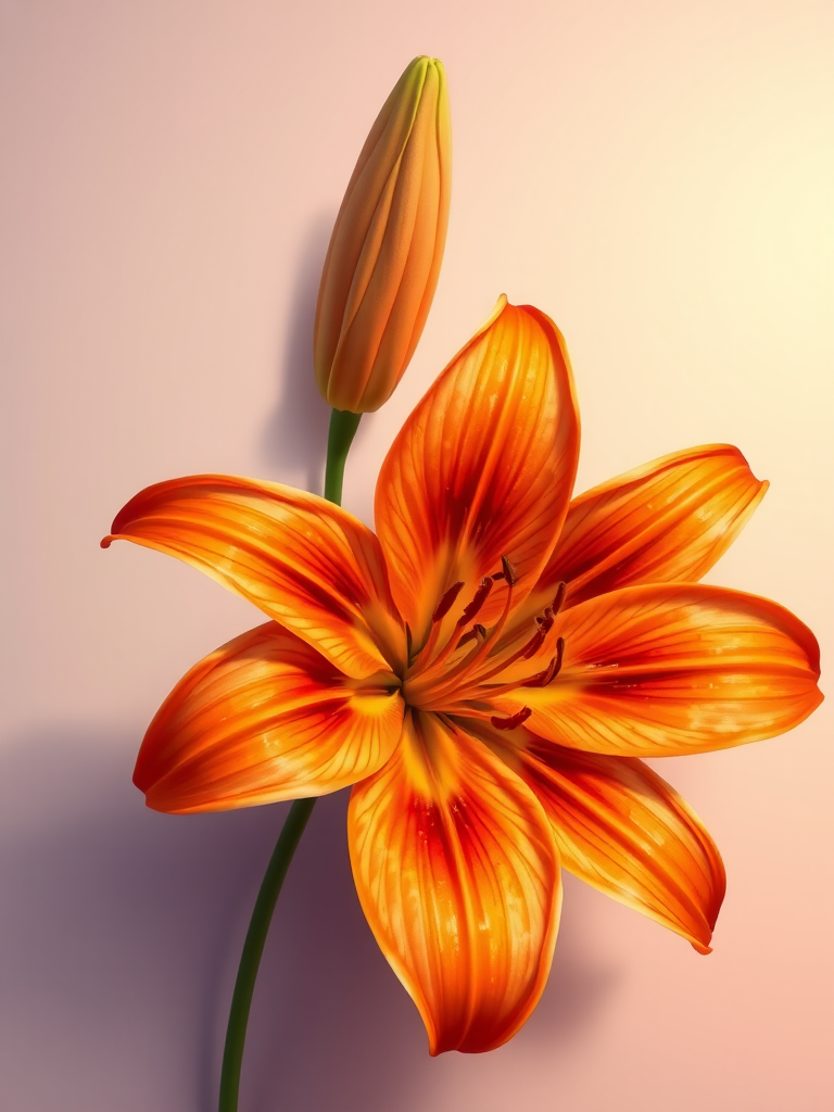 highly detailed illustration of an orange lily flower with vibrant petals and soft gradient background, 50mm lens, f/2.8 aperture, ISO 100, natural lighting, top-down view, digital painting style, high-resolution format