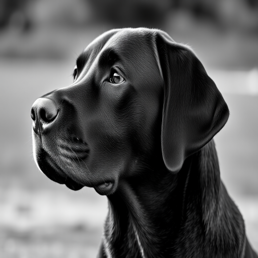 Create a high-resolution, black and white image of a Labrador Retriever's close-up profile, using a Canon EOS 5D Mark IV with a 50mm f/1.4 lens, aperture set to f/2.8, shutter speed 1/250 sec, ISO 200, in natural outdoor lighting with a soft focus background for an artistic effect.