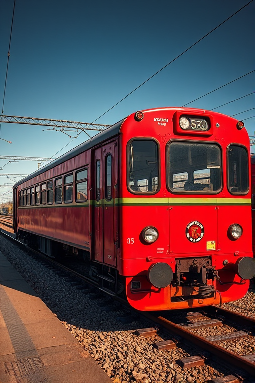 regenerate an image of a red railcar bus parked on a railway track during daylight, using a full-frame DSLR camera with a 50mm lens, aperture f/2.8, ISO 100, shutter speed 1/200s, taken from a low angle for a dramatic effect, ensuring high clarity and vibrant colors